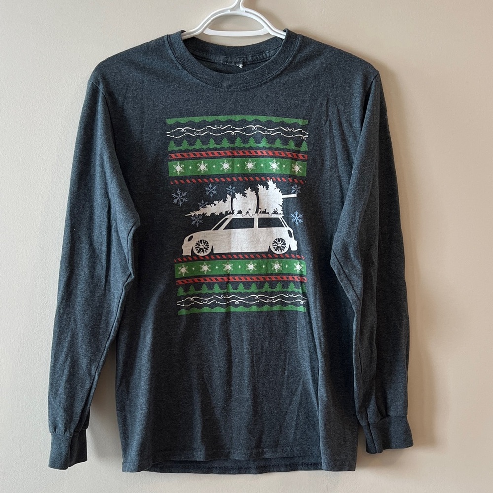 Men's Charcoal Gray Long Sleeve Top with Festive Car Design